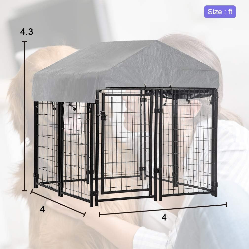 4'X4'X4.3' Ft Heavy Duty Outdoor Dog Kennel with Waterproof Roof, Galvanized Steel Large Dog Run Cage for Medium & Large Dogs, Secure Lock for Backyard