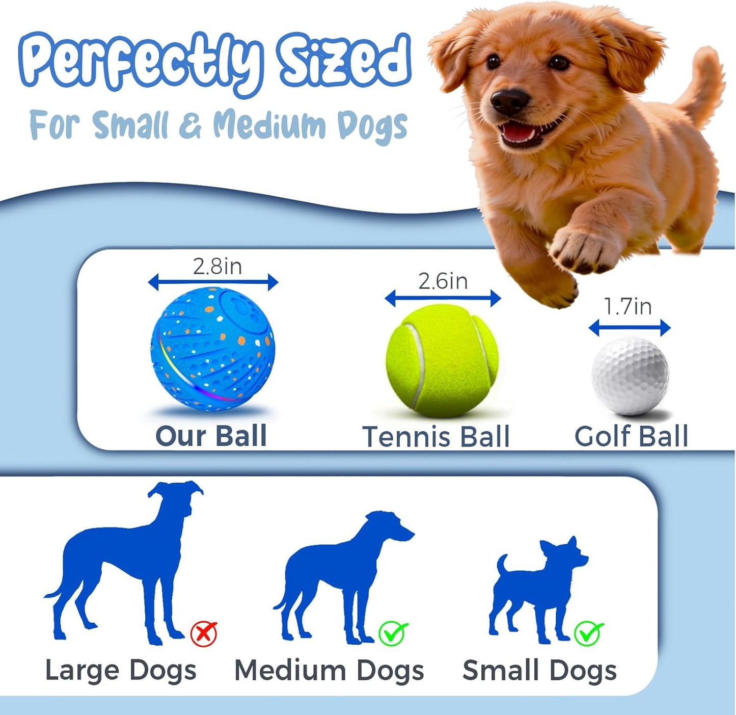 Interactive Dog Toys Ball, Light up Smart Automatic Dog Ball with 3 Modes, Motion Activated Rolling & Bouncing, Durable ETPU Dog Toy for Small Dogs, Keeps Dogs Busy & Reduces Boredom