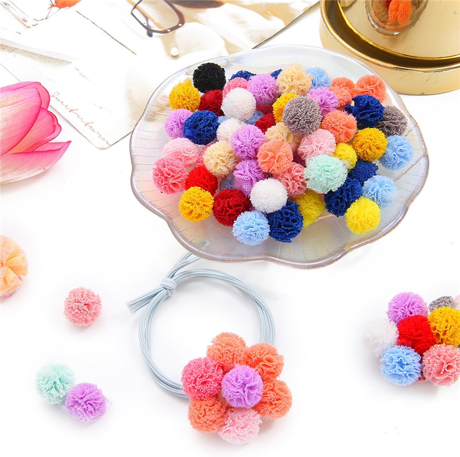 100 Pack 1/2 Inch Assorted Pompoms Mesh Lace Bouquet Small Pom Poms Craft Pompoms Balls for Arts and Crafts DIY Projects Pom Pom Hair Ties Pompom Hair Clips Hairpins Elastics
