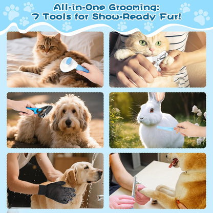 7-In-1 Pet Grooming Kit–Cat Brush,Dog Brush for Shedding,Double-Sided Flea Comb,Dog Nail Trimmers,Dog Bath Supplies–For All Cat and Small/Large Dog Shedding（Blue
