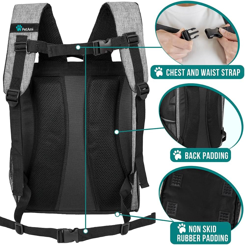 Dog Backpack Carrier for Small Medium Dogs Large Cats up to 18 Lbs, 2 Side Entry, Structured No-Collapse Frame, Airline Approved Ventilated Pet Backpack for Hiking Camping Travel, Grey