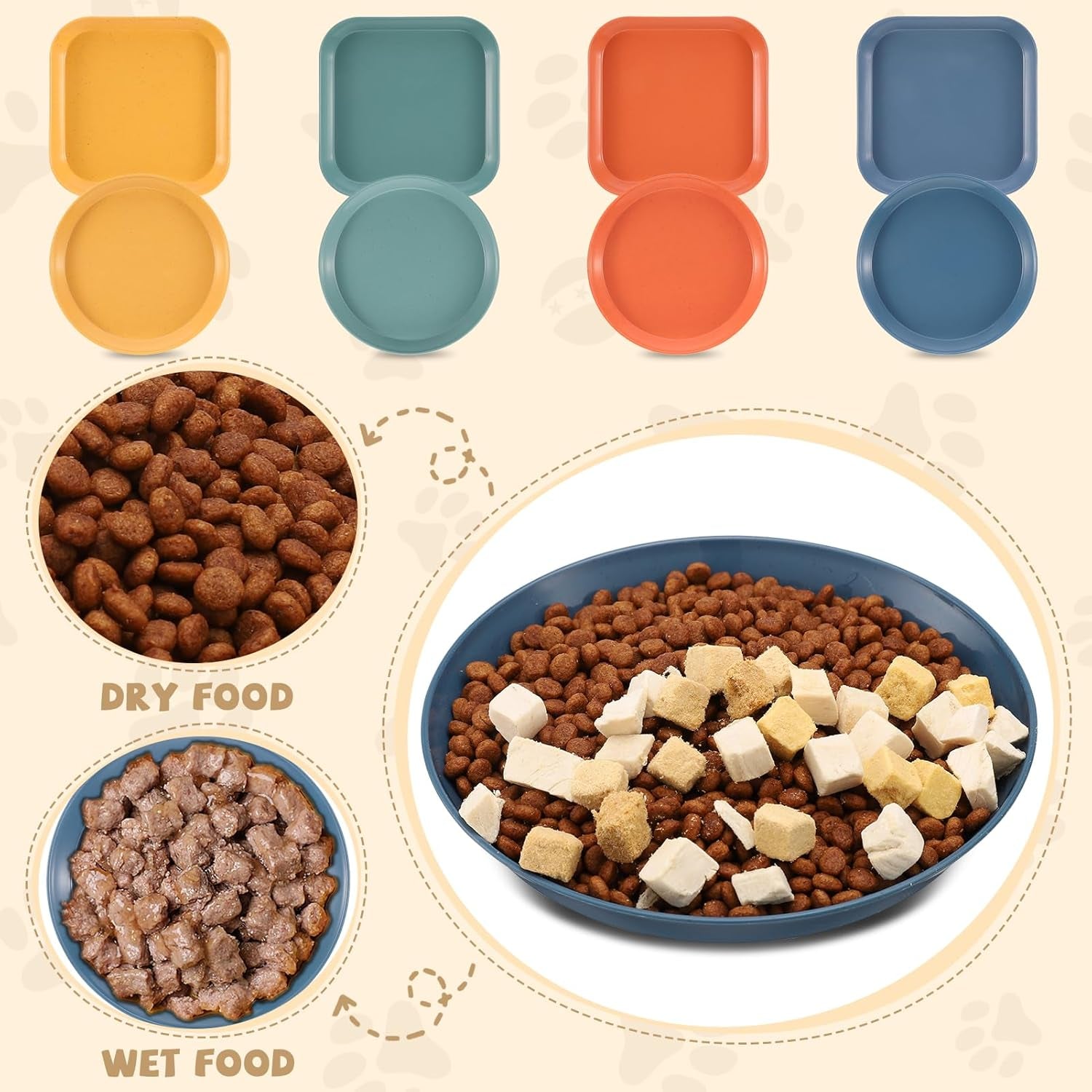 8-Piece Cat Food Bowl Set - Shallow Dish for Wet Feeding, Fatigue Relief, round & Square Bowls for Cats & Small Dogs