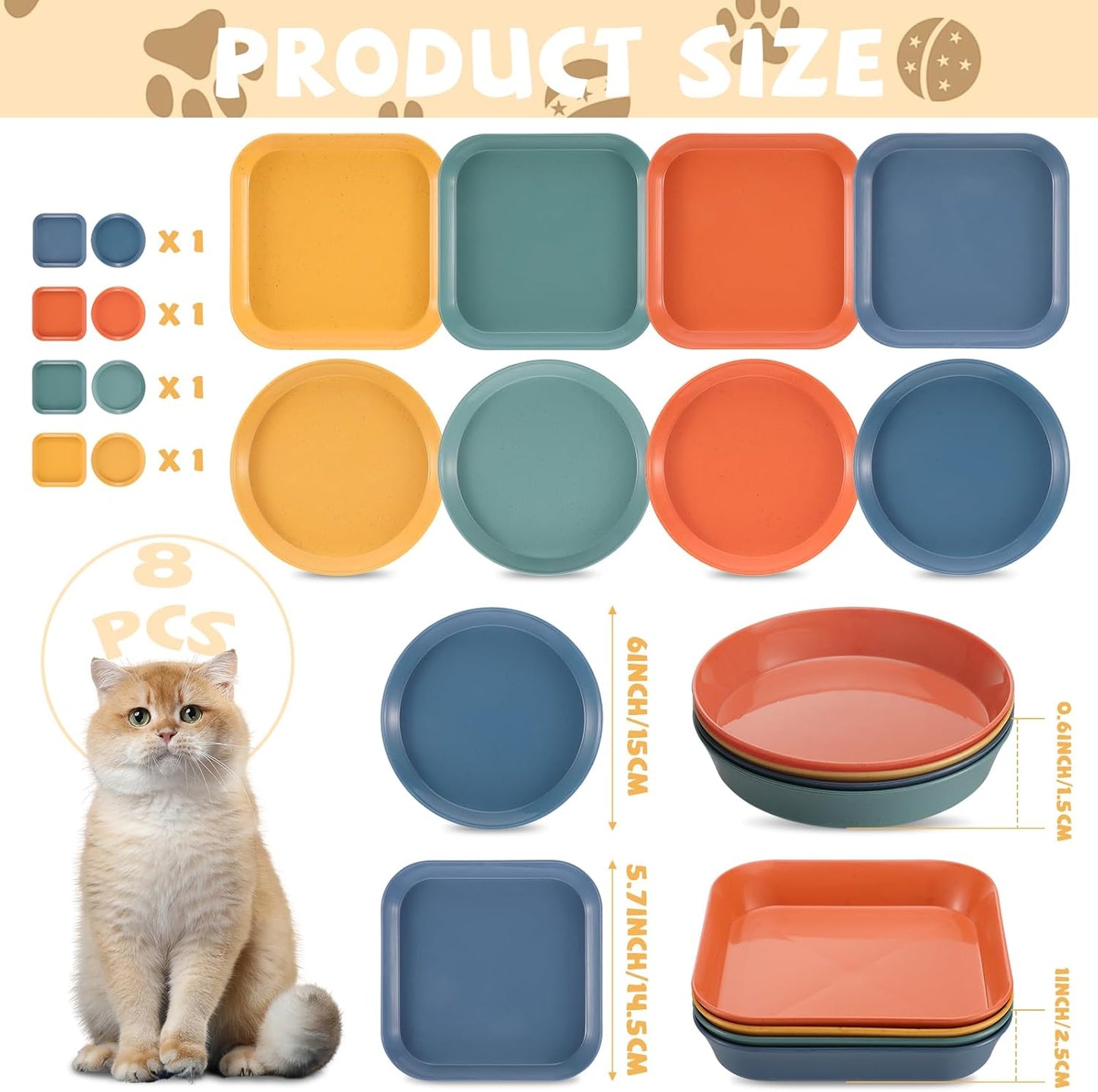 8-Piece Cat Food Bowl Set - Shallow Dish for Wet Feeding, Fatigue Relief, round & Square Bowls for Cats & Small Dogs