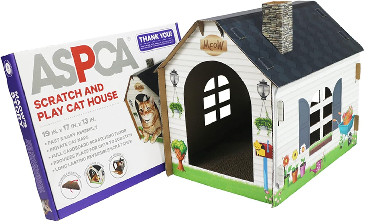Cardboard Cat House Hideaway Playhouse with Cat Scratcher Scratching Pad 19" L X 13" W X 17" H