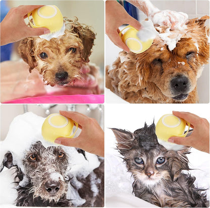 Dog Cat Bath Brush, Dog Shampoo Brush Silicone Puppy Massage Brush Hair Fur Grooming Cleaning Brush Soft Shampoo Dispenser (Yellow New)