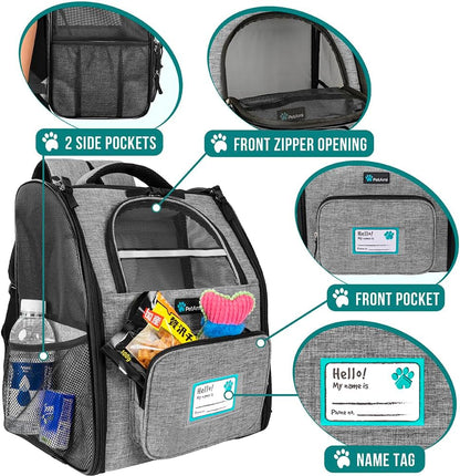 Dog Backpack Carrier for Small Medium Dogs Large Cats up to 18 Lbs, 2 Side Entry, Structured No-Collapse Frame, Airline Approved Ventilated Pet Backpack for Hiking Camping Travel, Grey