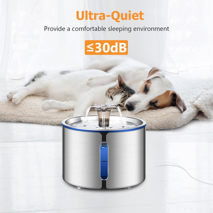 Cat Water Fountain, 84Oz/2.5L Stainless Steel Pet Water Fountain for Cats, Dogs and Multiple Pets, Automatic Dog Water Dispenser with Water Level Window, Ultra-Quiet Pump