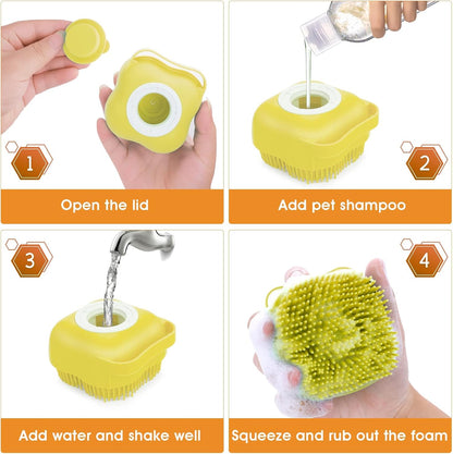 Dog Cat Bath Brush, Dog Shampoo Brush Silicone Puppy Massage Brush Hair Fur Grooming Cleaning Brush Soft Shampoo Dispenser (Yellow New)