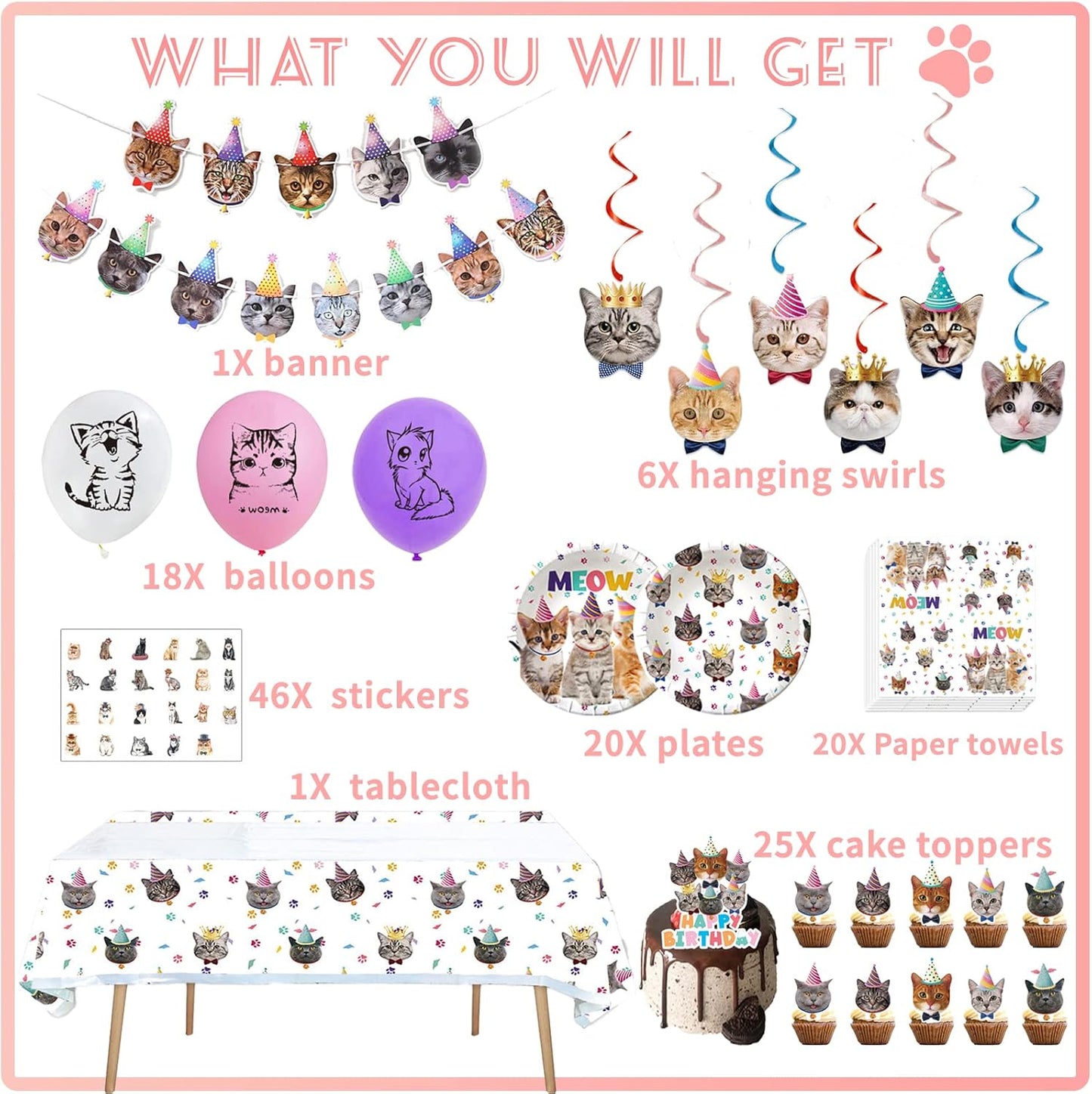 137PCS Cat Birthday Party Supplies Serves 20 Guests Kitten Birthday Party Decorations Plates Banner Napkins Balloons Tablecloth Cake Toppers for Cats Themed Birthday Parties Supplies