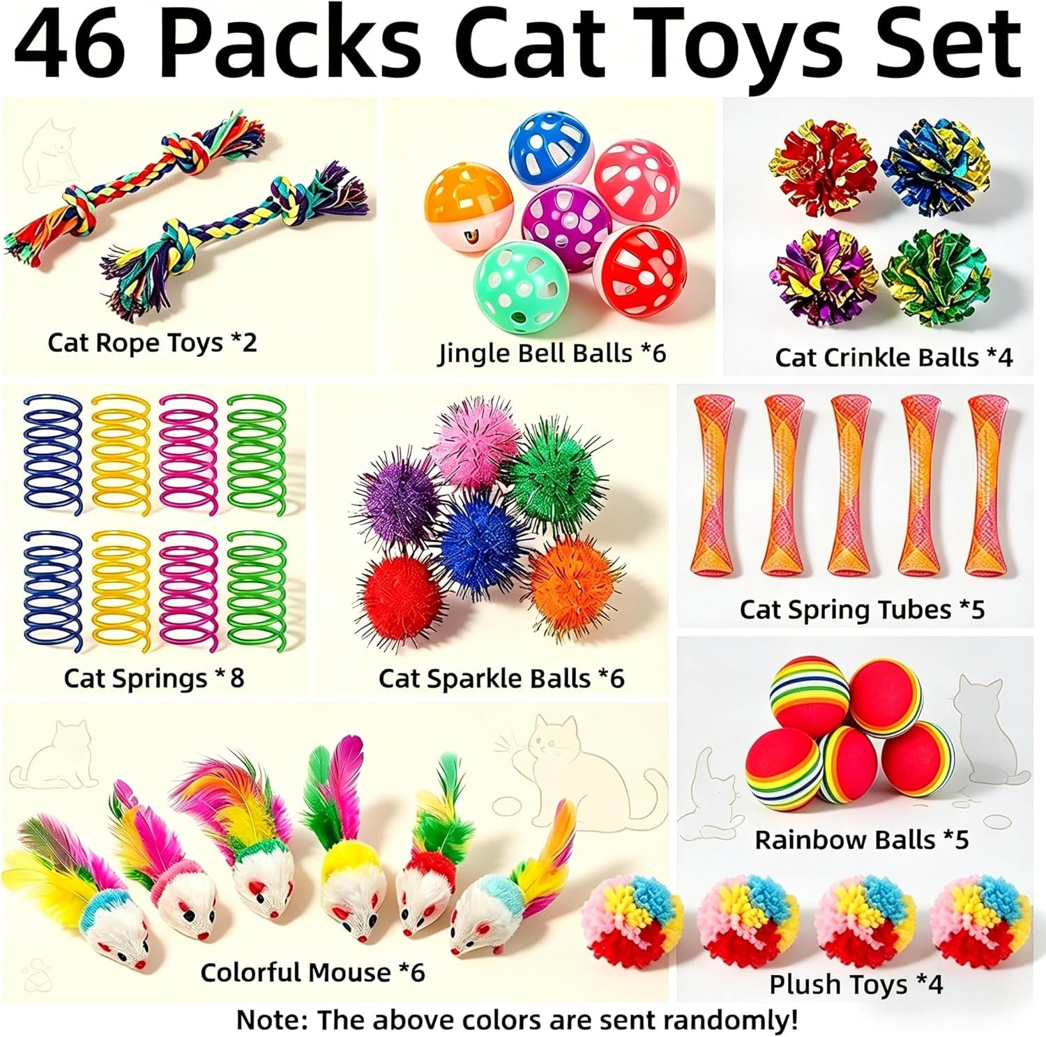 46 PCS Cat Toys for Indoor Cats, Kitten Toys with Cat Spring Toy, Mint Catnip with Crinkle Mouse Ball for Indoor Cats Kittens Exercise
