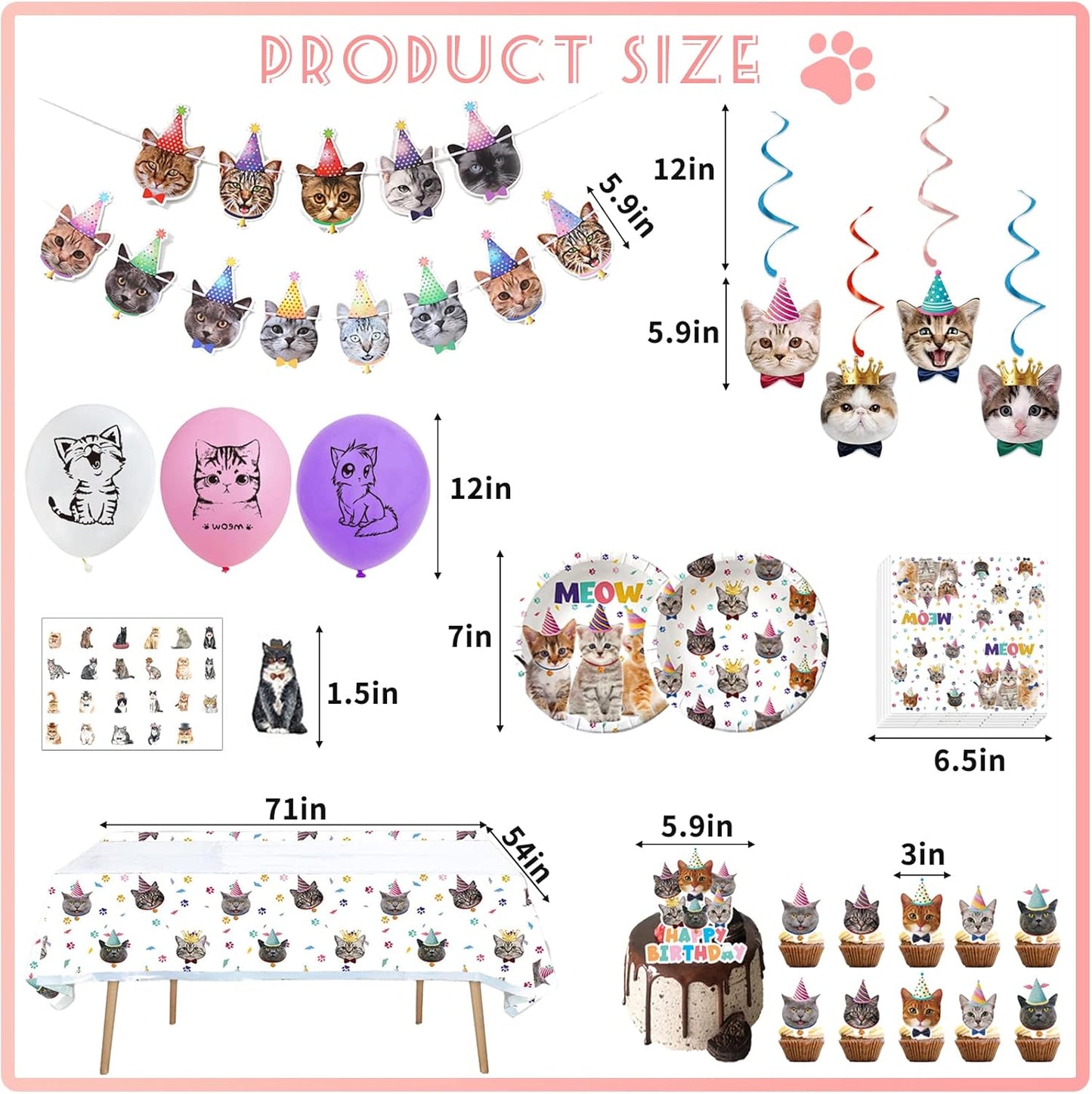 137PCS Cat Birthday Party Supplies Serves 20 Guests Kitten Birthday Party Decorations Plates Banner Napkins Balloons Tablecloth Cake Toppers for Cats Themed Birthday Parties Supplies