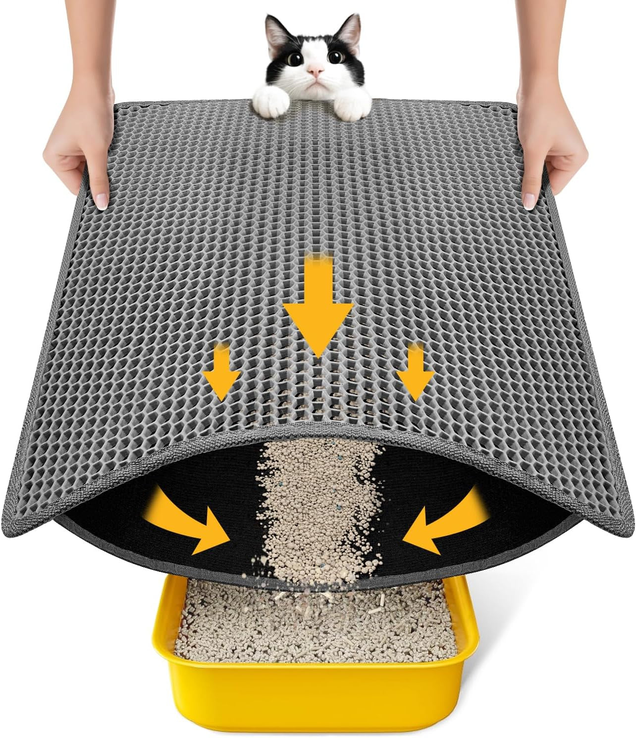 Cat Litter Mat-Litter Box Mat for Kitty, EVA Honeycomb Double Layer Design, Urine & Waterproof Scatter Control, Less Waste, Easier to Clean,Non Slip, Gray