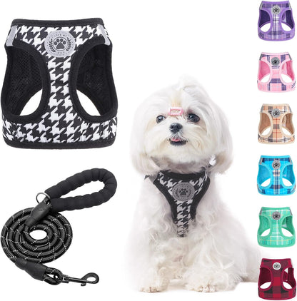 Small Dog Harness and Leash Set,Step in No Choke No Pull Soft Mesh Dog Harnesses Reflective for Extra-Small/Small Medium Puppy Dogs and Cats, Plaid Dog Vest Harness for XS S Pets, Black XXS