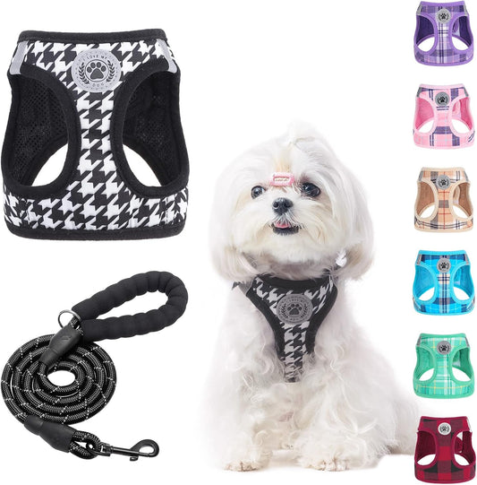 Small Dog Harness and Leash Set,Step in No Choke No Pull Soft Mesh Dog Harnesses Reflective for Extra-Small/Small Medium Puppy Dogs and Cats, Plaid Dog Vest Harness for XS S Pets, Black XXS