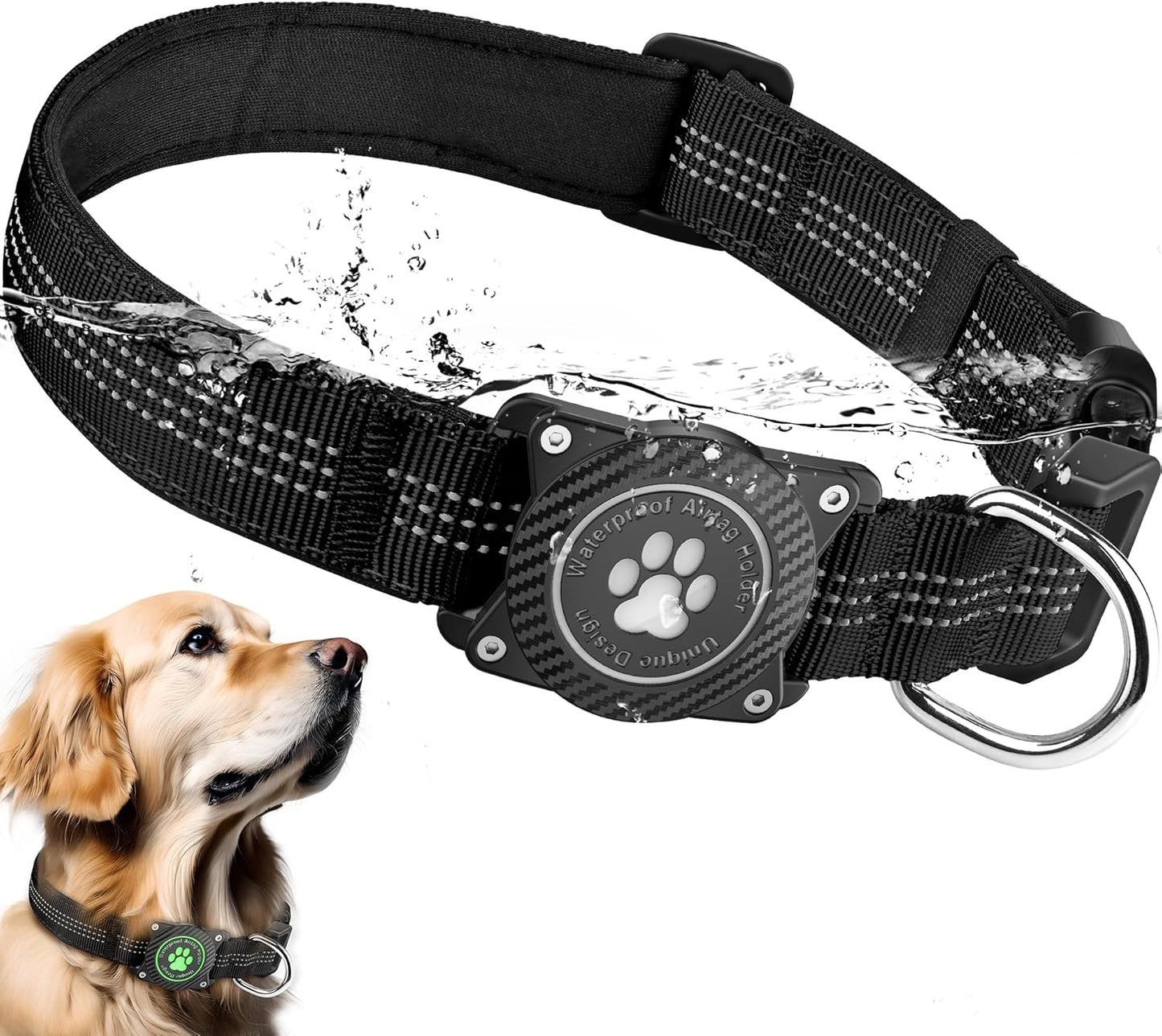 Airtag Dog Collar, Waterproof Air Tag Holder Dog Collar, Luminous & Reflective, Comfortable Padded, Adjustable Pet Collar for Small Medium Large Heavy Duty Dogs,Black, S