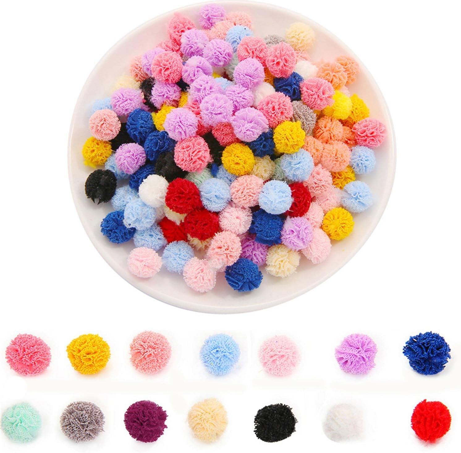 100 Pack 1/2 Inch Assorted Pompoms Mesh Lace Bouquet Small Pom Poms Craft Pompoms Balls for Arts and Crafts DIY Projects Pom Pom Hair Ties Pompom Hair Clips Hairpins Elastics