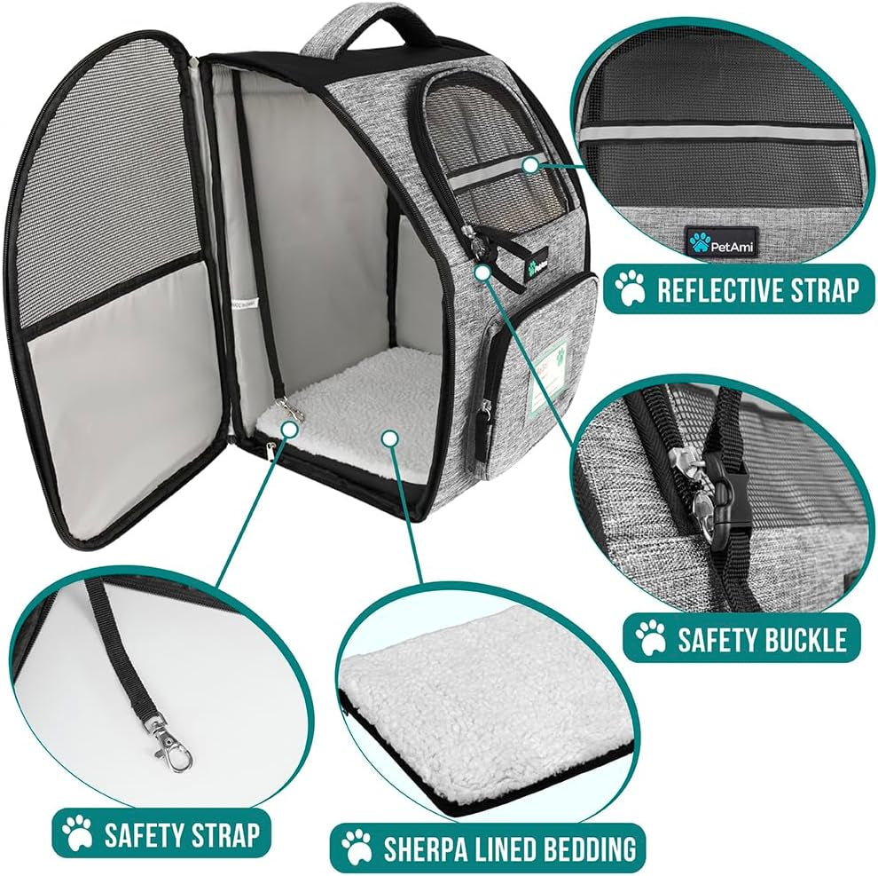 Dog Backpack Carrier for Small Medium Dogs Large Cats up to 18 Lbs, 2 Side Entry, Structured No-Collapse Frame, Airline Approved Ventilated Pet Backpack for Hiking Camping Travel, Grey