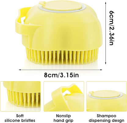 Dog Cat Bath Brush, Dog Shampoo Brush Silicone Puppy Massage Brush Hair Fur Grooming Cleaning Brush Soft Shampoo Dispenser (Yellow New)