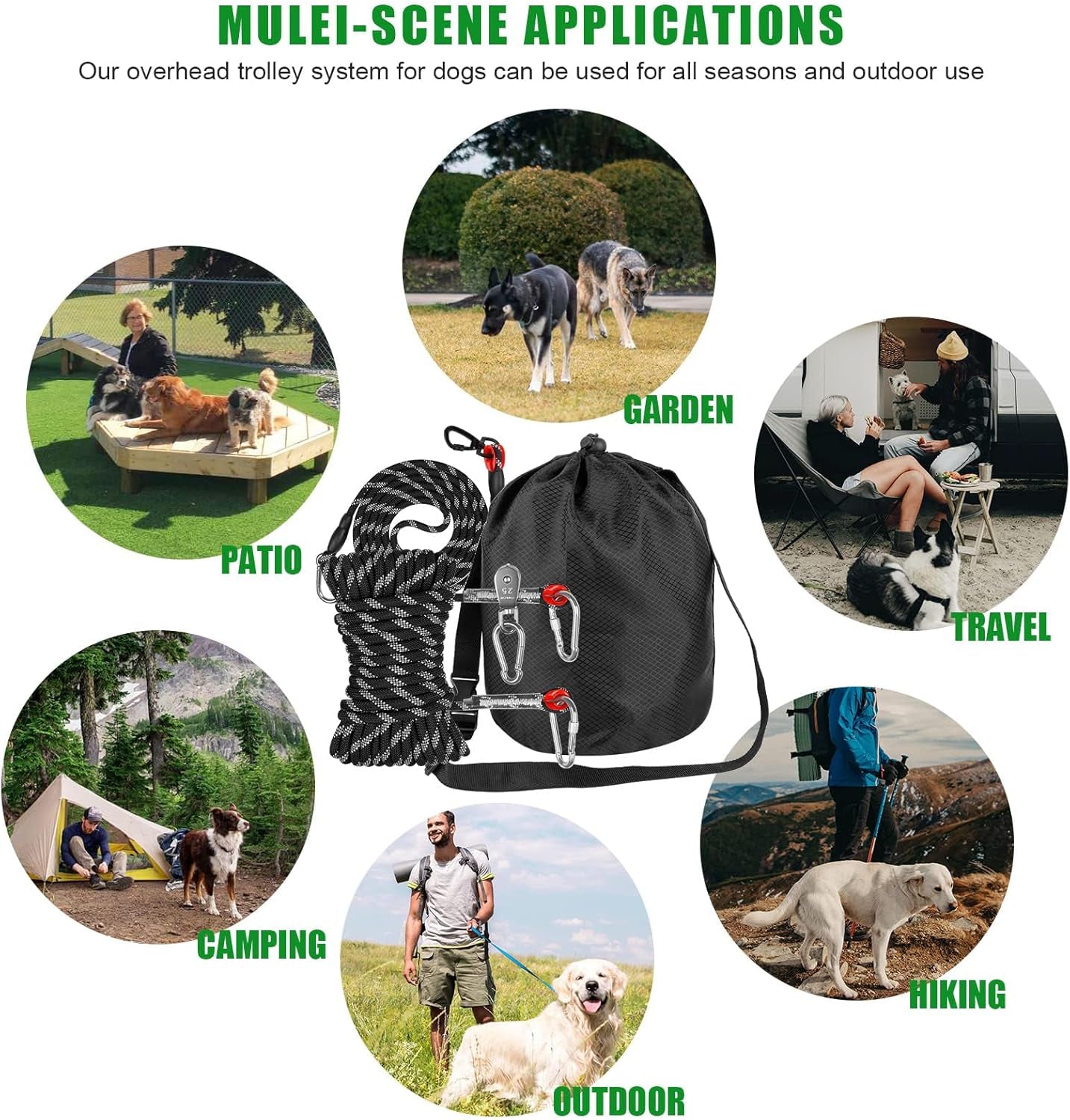 Dog Camping Essentials,Tie Out Cable for Camping,50Ft Portable Overhead Trolley System with 10Ft Runner Lead for Dogs up to 200Lbs,Portable Reflective Dog Lead Line for Yard, Park and Outdoor (Black)
