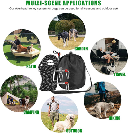 Dog Camping Essentials,Tie Out Cable for Camping,50Ft Portable Overhead Trolley System with 10Ft Runner Lead for Dogs up to 200Lbs,Portable Reflective Dog Lead Line for Yard, Park and Outdoor (Black)