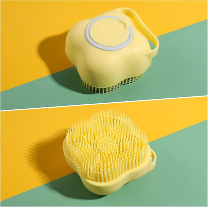 Dog Cat Bath Brush, Dog Shampoo Brush Silicone Puppy Massage Brush Hair Fur Grooming Cleaning Brush Soft Shampoo Dispenser (Yellow New)