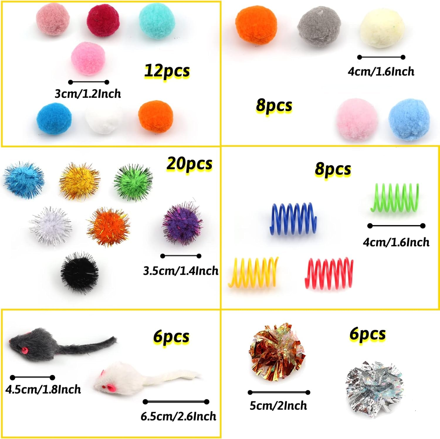 60 Pack Cat Toys - Assorted Kitten, Mouse, Crinkle & Pom Pom Balls