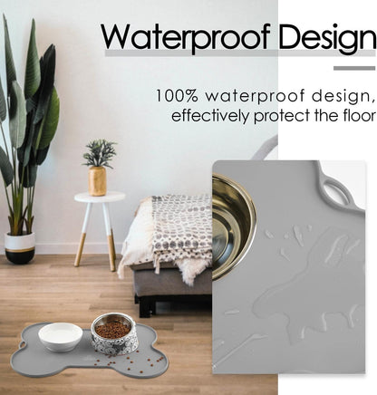 Dog Food Mat Dog Bowl Tray for Food and Water, Silicone Non-Spill Waterproof Pet Feeding Mat Puppy Placemat Easy-Clean, 20.5" X 14.5", Grey