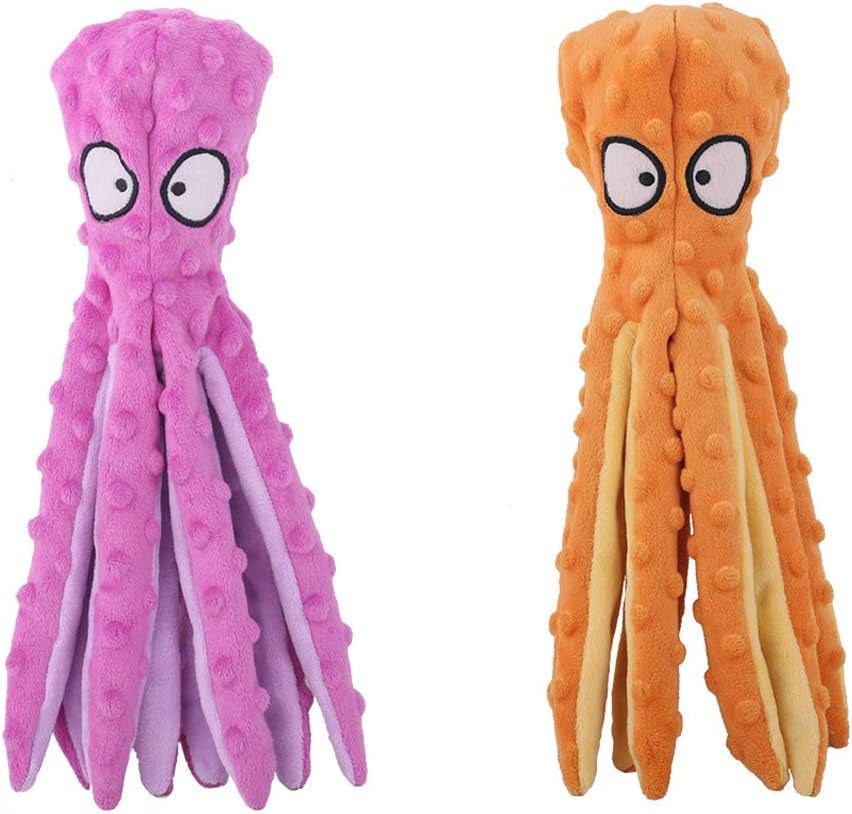 2 Pack 12.6" Octopus Dog Squeaky Toys No Stuffing Crinkle Plush Dog Toys for Puppy Durable Dog Chew Toys for Small to Medium Dogs Purpleorange