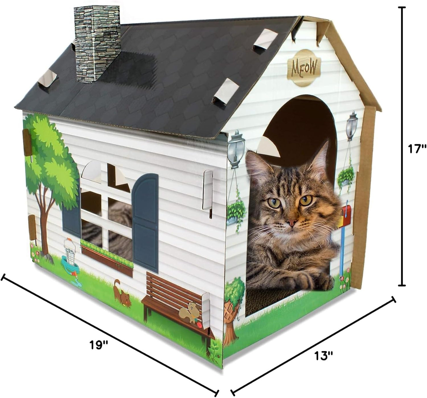 Cardboard Cat House Hideaway Playhouse with Cat Scratcher Scratching Pad 19" L X 13" W X 17" H