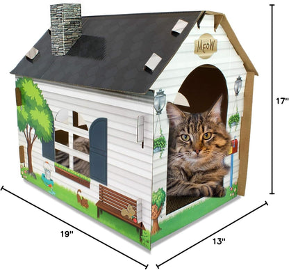 Cardboard Cat House Hideaway Playhouse with Cat Scratcher Scratching Pad 19" L X 13" W X 17" H