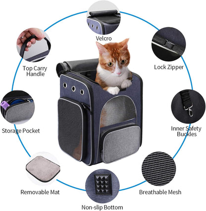 ® Cat Carrier Backpack, Breathable Rucksack for Cats and Small Dogs,Foldable Dog Carrier Backpack with Inner Safety Leash + Folding Dog Bowl Ideal for Hiking Traveling Outdoor Use