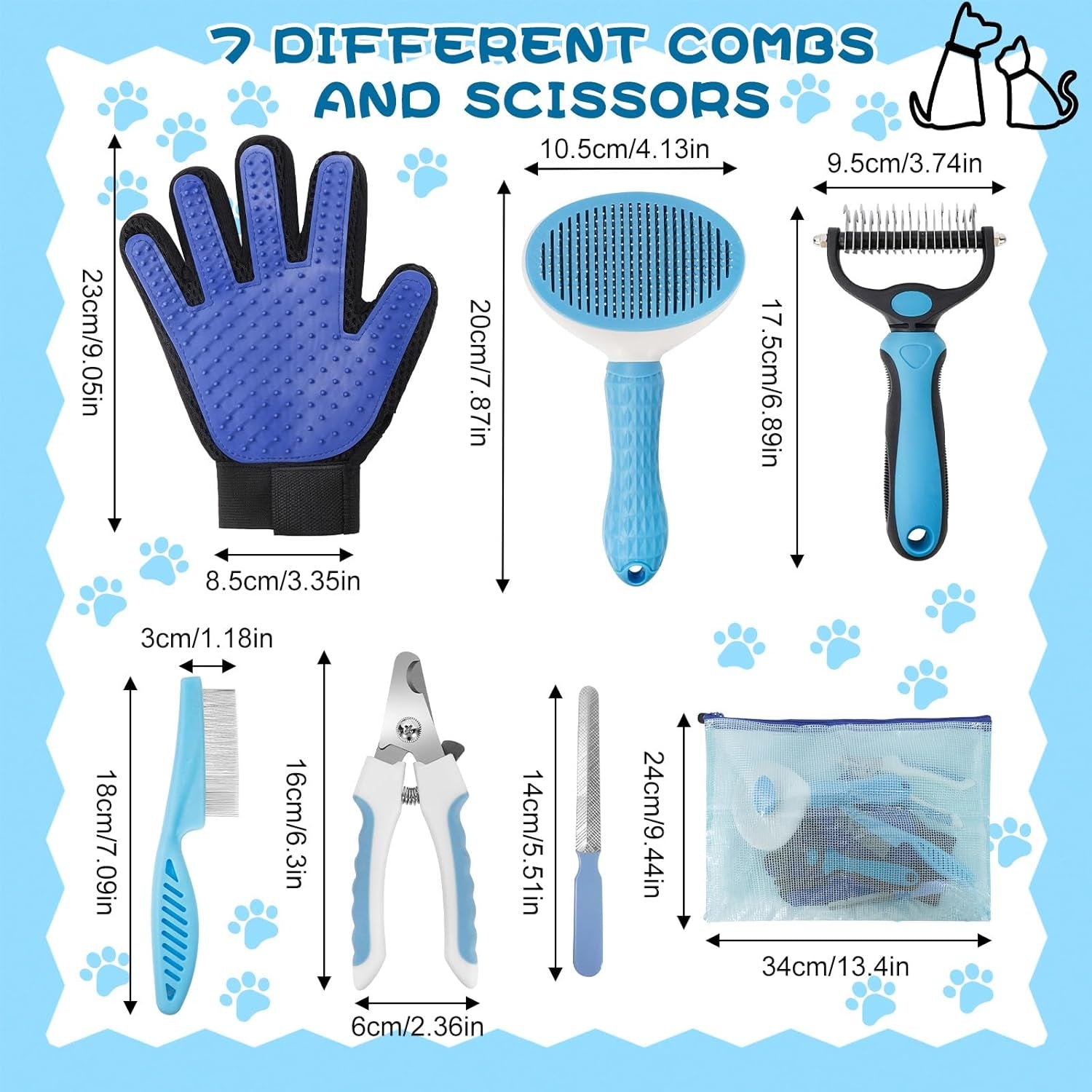 7-In-1 Pet Grooming Kit–Cat Brush,Dog Brush for Shedding,Double-Sided Flea Comb,Dog Nail Trimmers,Dog Bath Supplies–For All Cat and Small/Large Dog Shedding（Blue