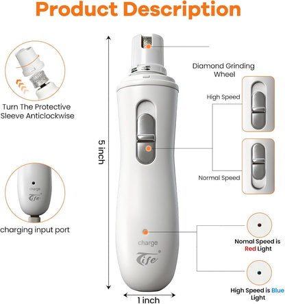Pet Nail Grinder,2 Speed Electric Rechargeable Dog Nail Trimmer,Quiet and Low-Vibration Pet Nail Grinders,Painless Dog&Cat Grooming Supplies for Large Medium Small Pets (White-528)
