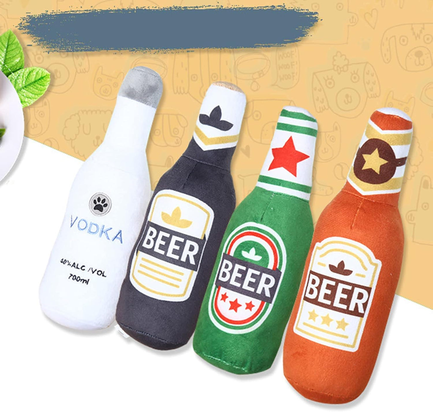 Squeak Toys Squeak Dog Toy Soft Plush- Chew Beer-Bottle Shape Squeeze with Squeaker for Medium & Small Dog