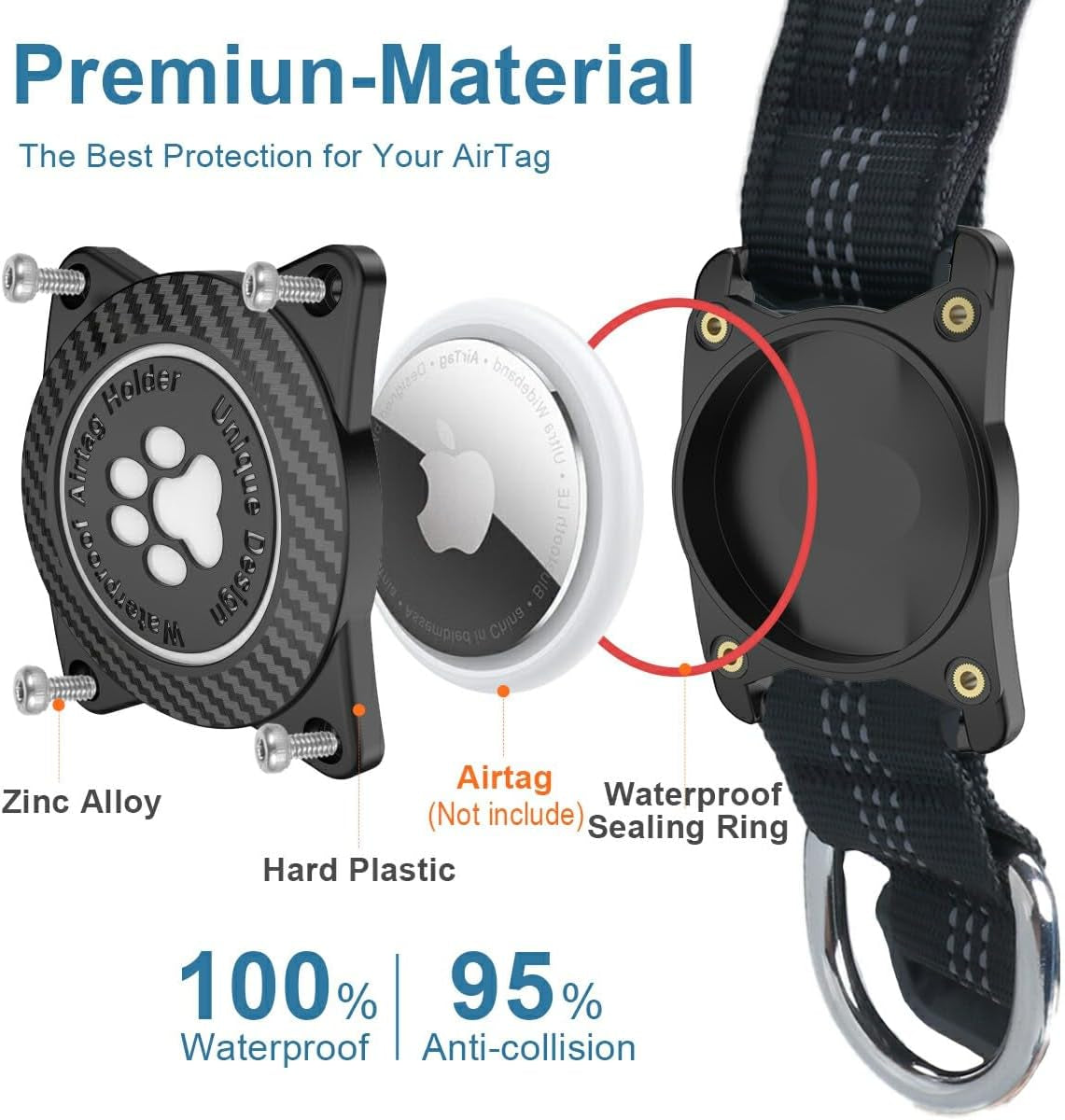 Airtag Dog Collar, Waterproof Air Tag Holder Dog Collar, Luminous & Reflective, Comfortable Padded, Adjustable Pet Collar for Small Medium Large Heavy Duty Dogs,Black, S