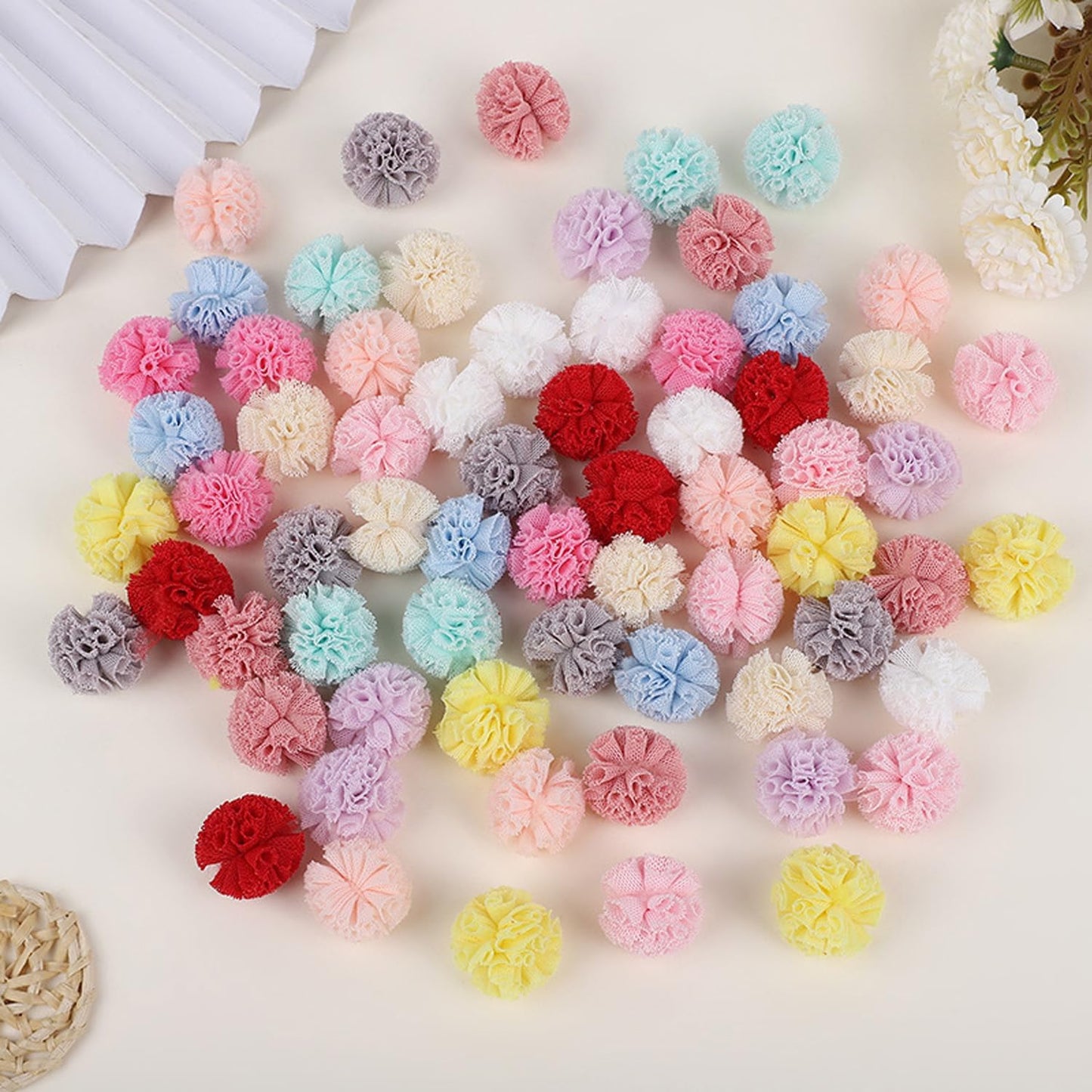 100 Pack 1/2 Inch Assorted Pompoms Mesh Lace Bouquet Small Pom Poms Craft Pompoms Balls for Arts and Crafts DIY Projects Pom Pom Hair Ties Pompom Hair Clips Hairpins Elastics