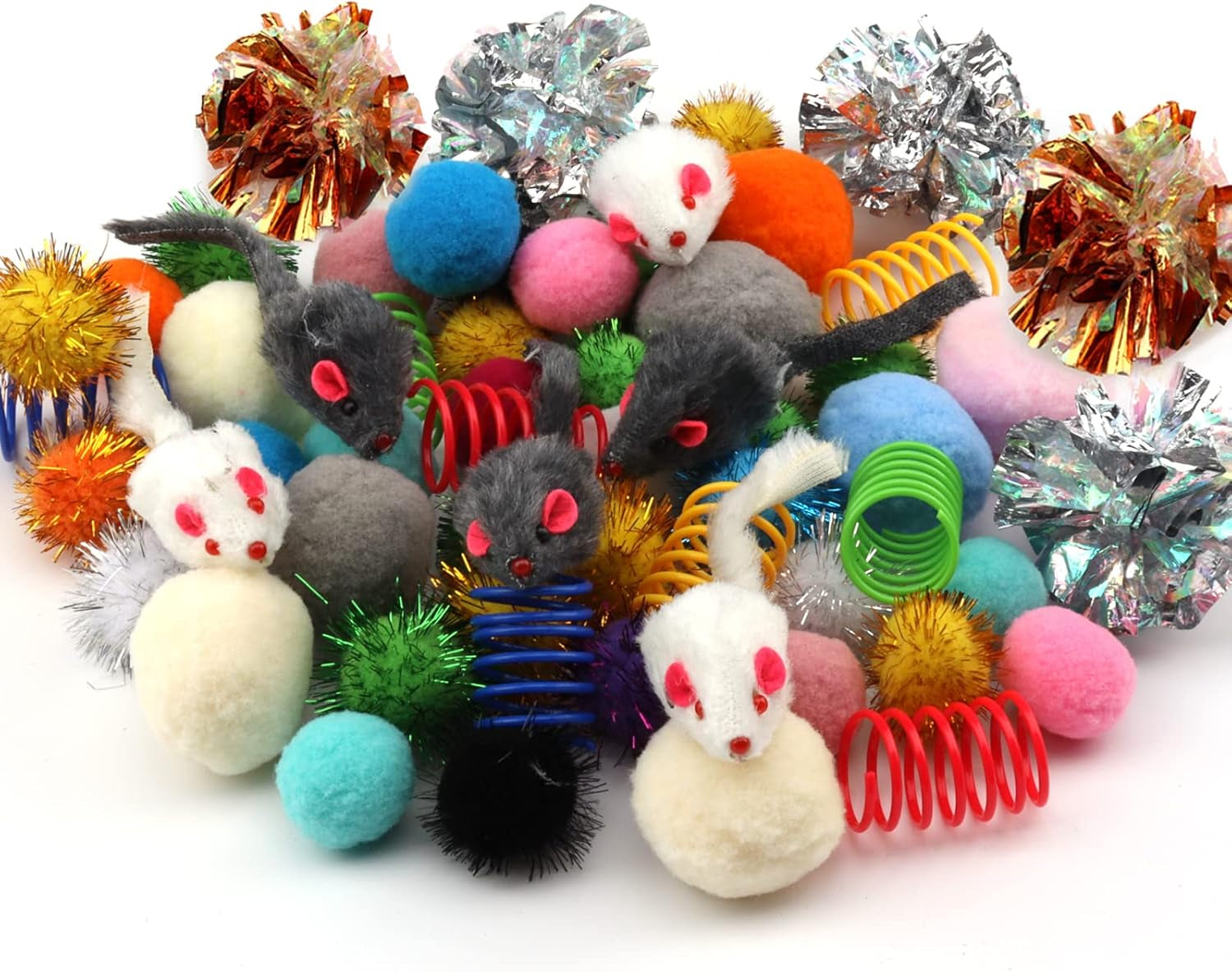 60 Pack Cat Toys - Assorted Kitten, Mouse, Crinkle & Pom Pom Balls