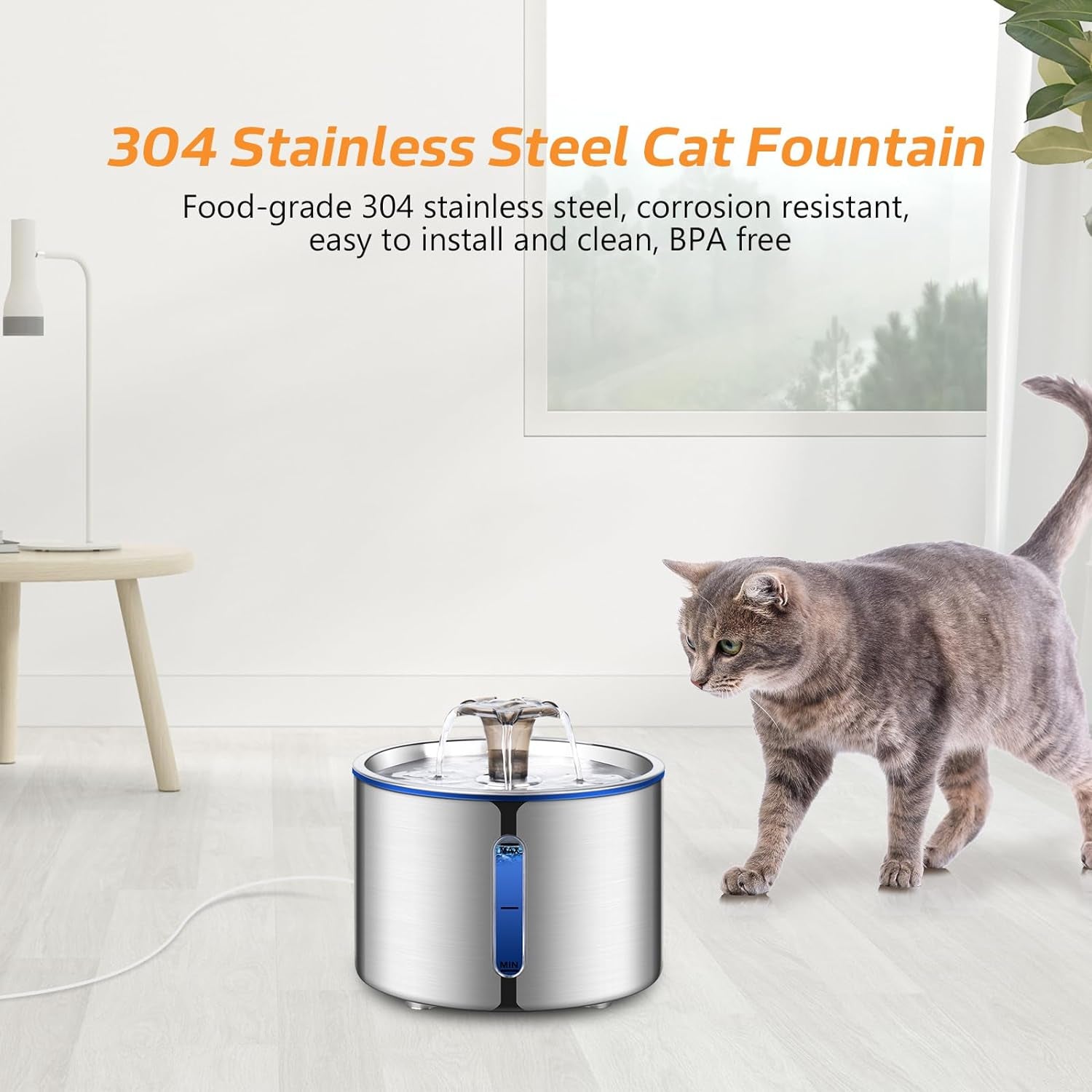 Cat Water Fountain, 84Oz/2.5L Stainless Steel Pet Water Fountain for Cats, Dogs and Multiple Pets, Automatic Dog Water Dispenser with Water Level Window, Ultra-Quiet Pump