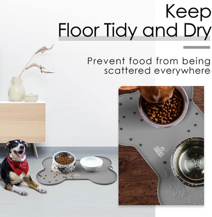Dog Food Mat Dog Bowl Tray for Food and Water, Silicone Non-Spill Waterproof Pet Feeding Mat Puppy Placemat Easy-Clean, 20.5" X 14.5", Grey