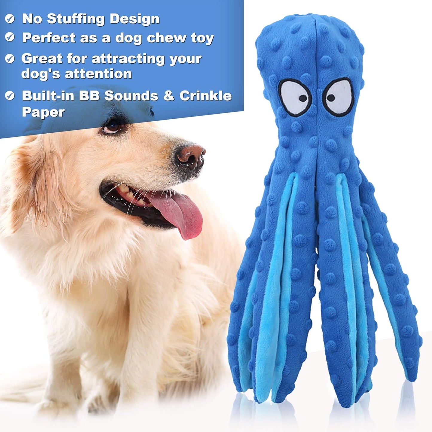 2 Pack 12.6" Octopus Dog Squeaky Toys No Stuffing Crinkle Plush Dog Toys for Puppy Durable Dog Chew Toys for Small to Medium Dogs Purpleorange