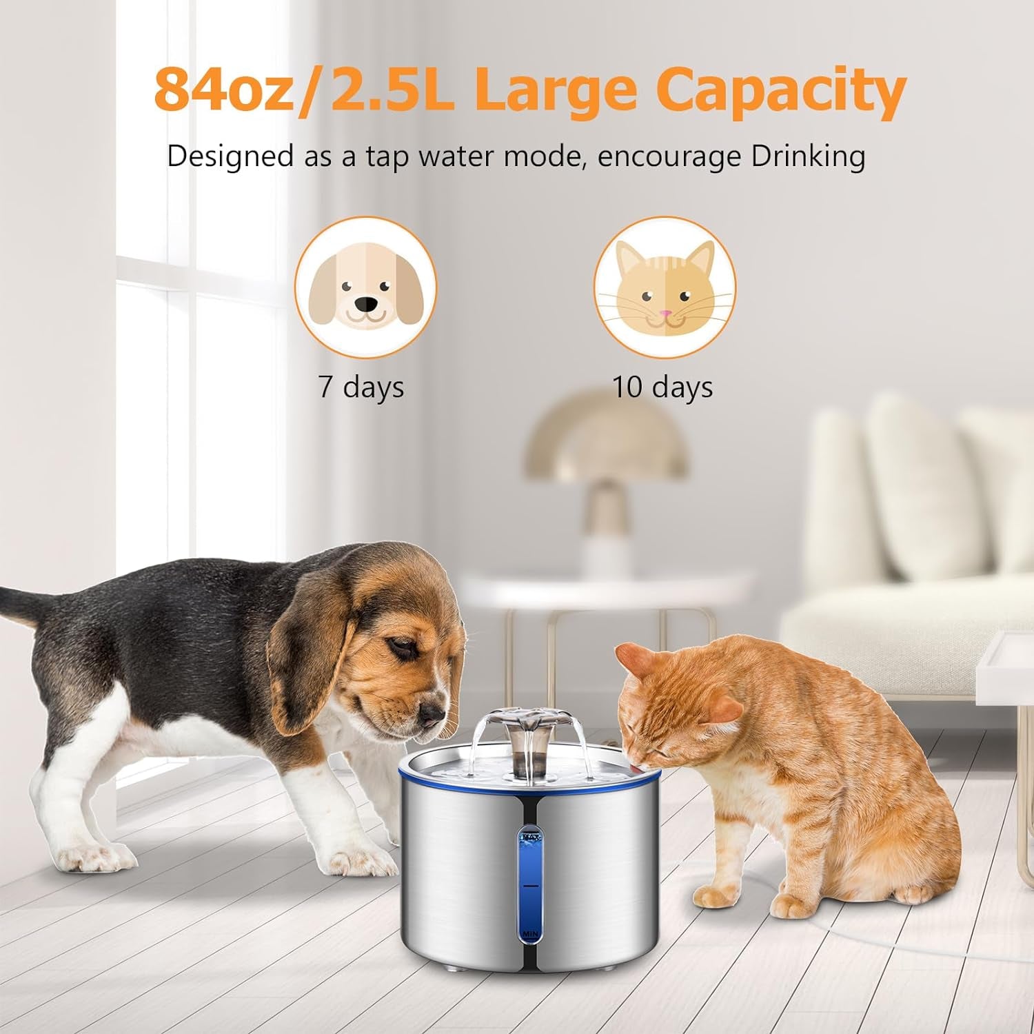 Cat Water Fountain, 84Oz/2.5L Stainless Steel Pet Water Fountain for Cats, Dogs and Multiple Pets, Automatic Dog Water Dispenser with Water Level Window, Ultra-Quiet Pump