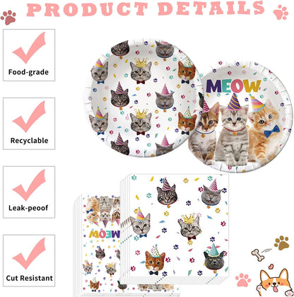 137PCS Cat Birthday Party Supplies Serves 20 Guests Kitten Birthday Party Decorations Plates Banner Napkins Balloons Tablecloth Cake Toppers for Cats Themed Birthday Parties Supplies