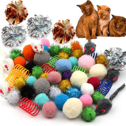 60 Pack Cat Toys - Assorted Kitten, Mouse, Crinkle & Pom Pom Balls