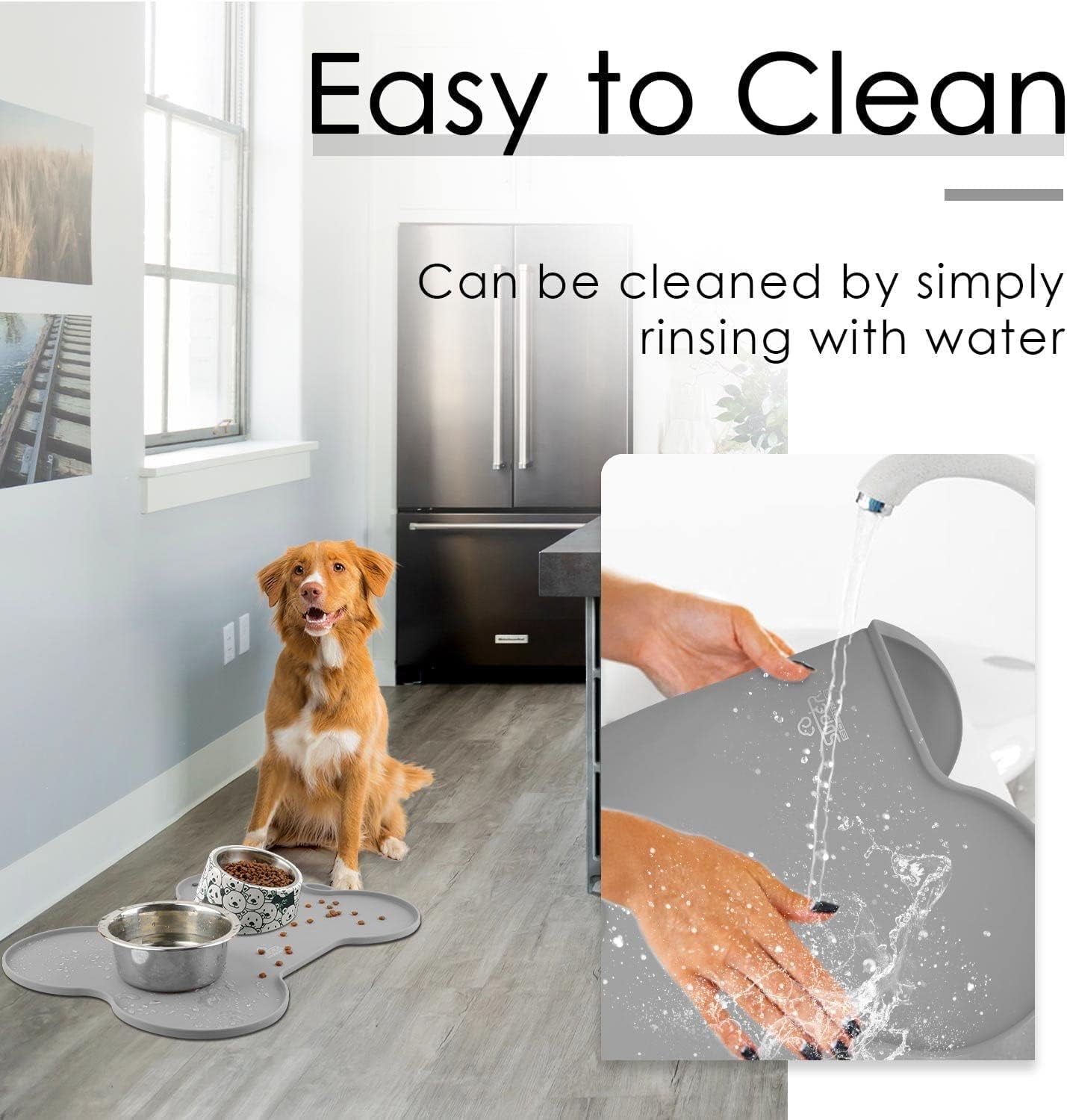 Dog Food Mat Dog Bowl Tray for Food and Water, Silicone Non-Spill Waterproof Pet Feeding Mat Puppy Placemat Easy-Clean, 20.5" X 14.5", Grey