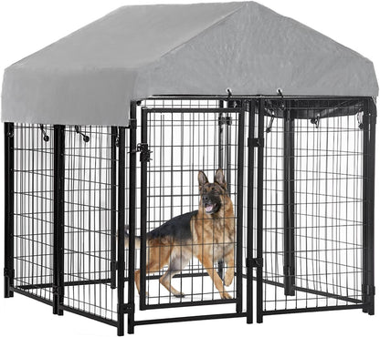 4'X4'X4.3' Ft Heavy Duty Outdoor Dog Kennel with Waterproof Roof, Galvanized Steel Large Dog Run Cage for Medium & Large Dogs, Secure Lock for Backyard