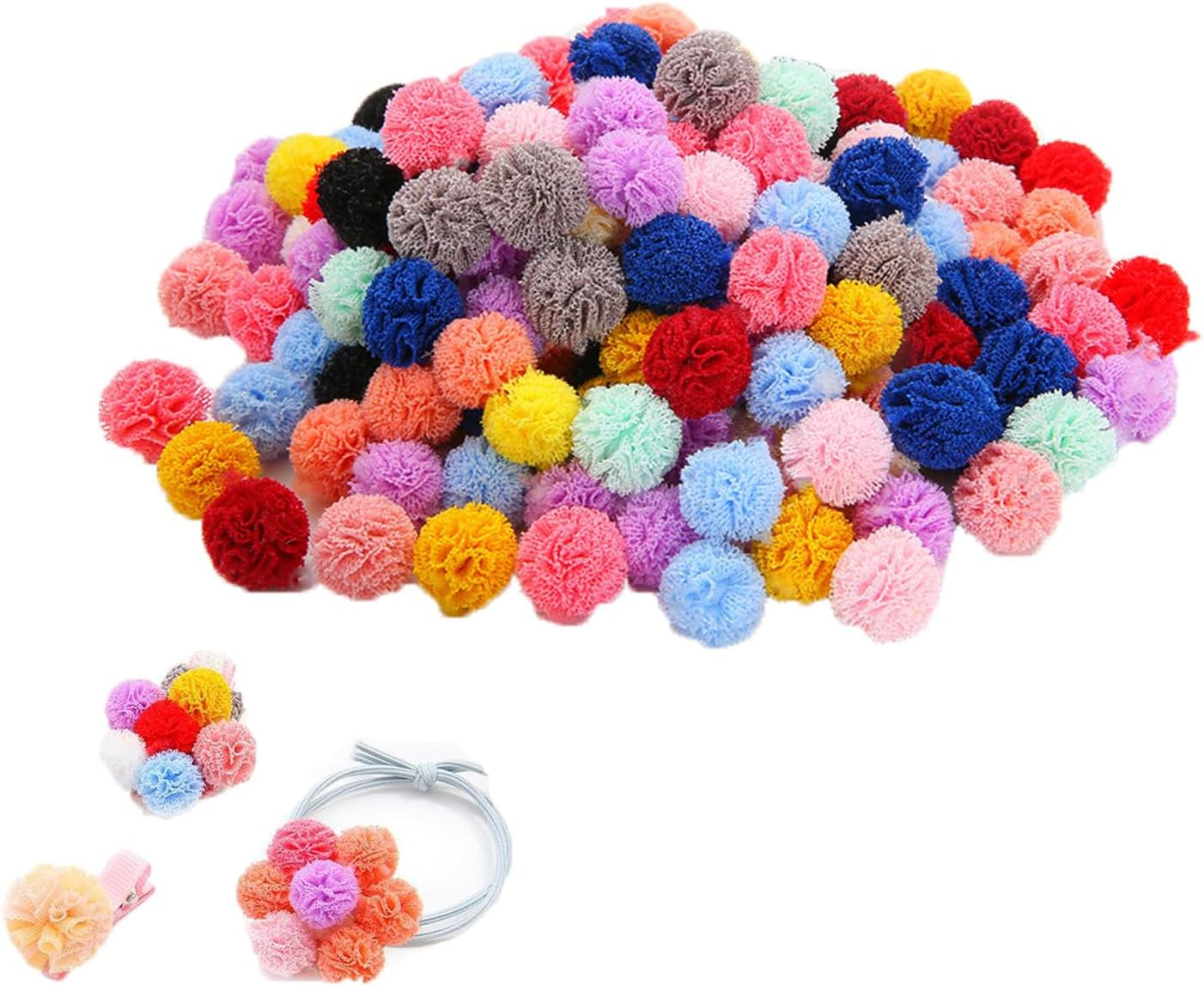 100 Pack 1/2 Inch Assorted Pompoms Mesh Lace Bouquet Small Pom Poms Craft Pompoms Balls for Arts and Crafts DIY Projects Pom Pom Hair Ties Pompom Hair Clips Hairpins Elastics