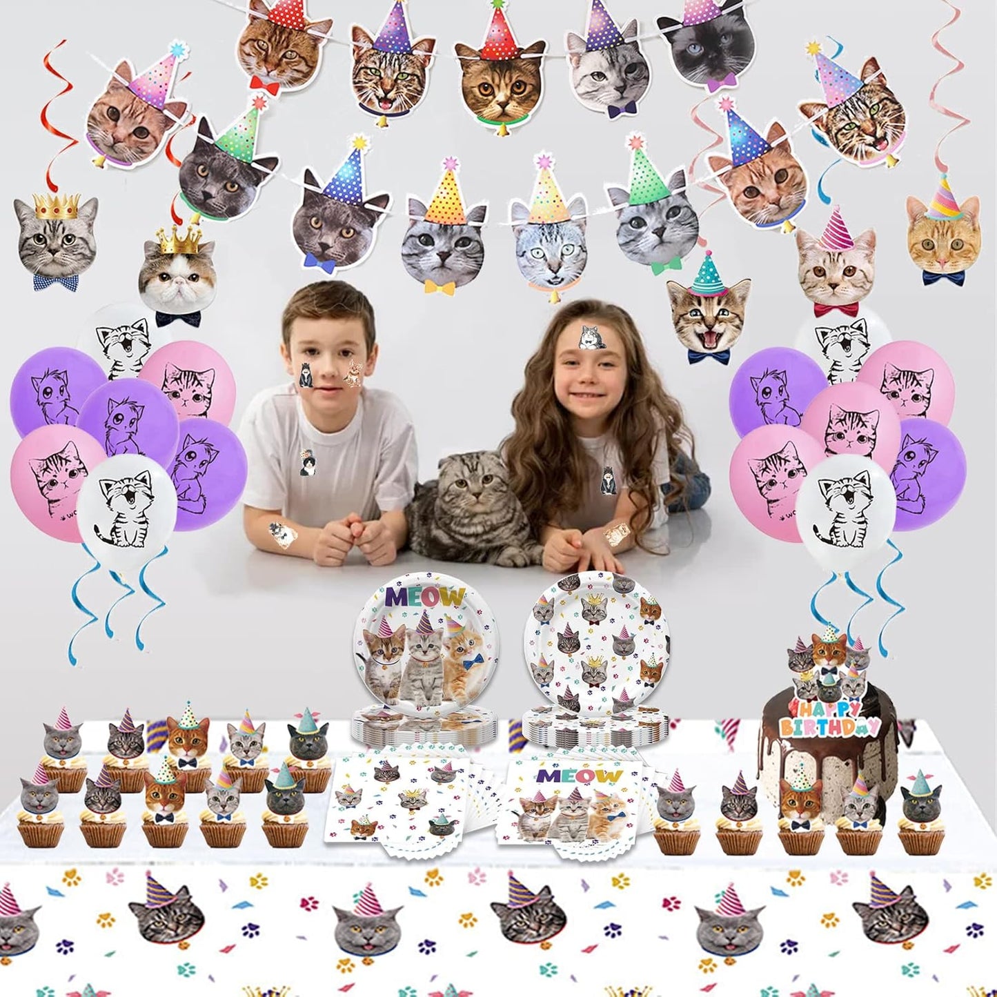 137PCS Cat Birthday Party Supplies Serves 20 Guests Kitten Birthday Party Decorations Plates Banner Napkins Balloons Tablecloth Cake Toppers for Cats Themed Birthday Parties Supplies